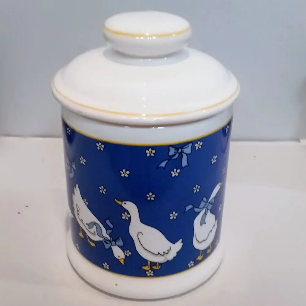 Vintage Ceramic Goose Canister Set-With Lids-Set Of 4-Geese-Ribbons-Country